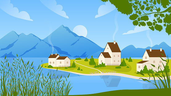 Village on river, mountain summer nature landscape vector illustration. Cartoon beautiful rural countryside scenery, residential area on river or lake shore, farm houses with green gardens background
