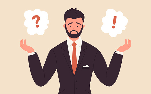 Question mark with young thinking businessman vector illustration. Cartoon confused male office worker character standing with dilemma near question and exclamation mark in clouds background