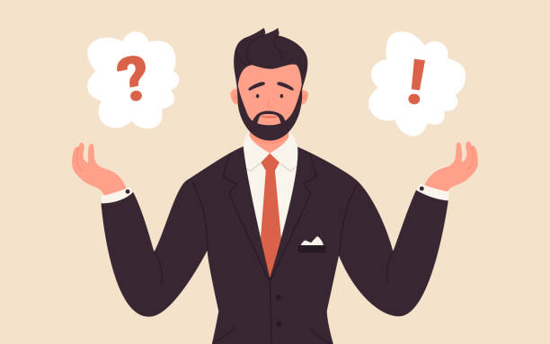 Question mark, mind choice with thinking businessman Question mark with young thinking businessman vector illustration. Cartoon confused male office worker character standing with dilemma near question and exclamation mark in clouds background asking illustrations stock illustrations