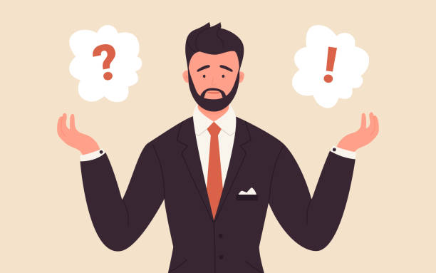 Question mark, mind choice with thinking businessman Question mark with young thinking businessman vector illustration. Cartoon confused male office worker character standing with dilemma near question and exclamation mark in clouds background cartoon of conclusion stock illustrations