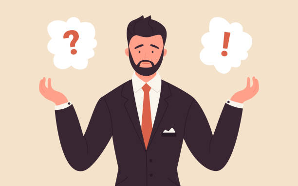 Question mark, mind choice with thinking businessman Question mark with young thinking businessman vector illustration. Cartoon confused male office worker character standing with dilemma near question and exclamation mark in clouds background confused guy stock illustrations