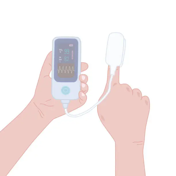 Vector illustration of portable pulse oximeter apply on the finger with digital display oxygen saturation and pulse rate