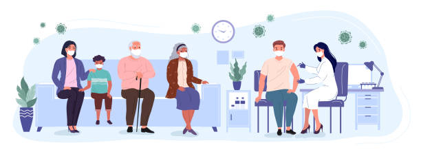 Global Immunization Coverage Patients and woman doctor in a medical clinic. People of differernt ages are waiting in line to receive the vaccine. Vaccination and immunization of the population against covid. Conceptual vector illustration doctors office stock illustrations