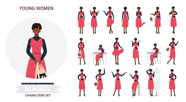 Young stylish black african american girl poses set Young stylish black african american girl poses vector illustration set. Cartoon beautiful fashionable woman character posing front side back views, various postures pretty lady fashionista isolated woman portrait short hair stock illustrations