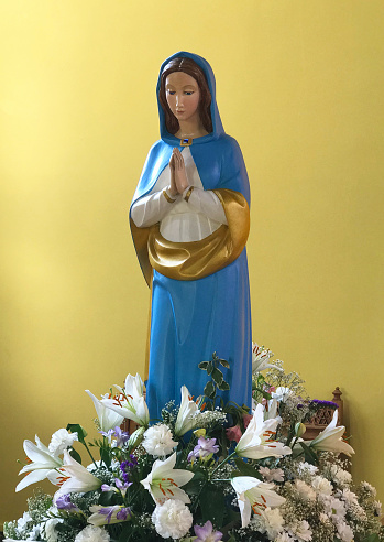 A Catholic statue of the Virgin Mary used in processions of faith.She is dressed in the traditional colour for Mary, blue, lined in gold. around her feet, lilies to denote her virginity.A sapphire clip joins her garment at the neck.