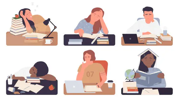 Vector illustration of Bored students study exhausted woman man students set isolated