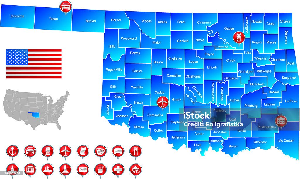 Mappa di Oklahoma - arte vettoriale royalty-free di Aeroporto