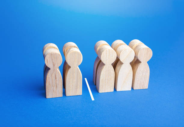 Four people out of ten, separated by a line. Visualization of statistical data. 40% of 100%. Less than half. Elections, medicine, demography. Systematization