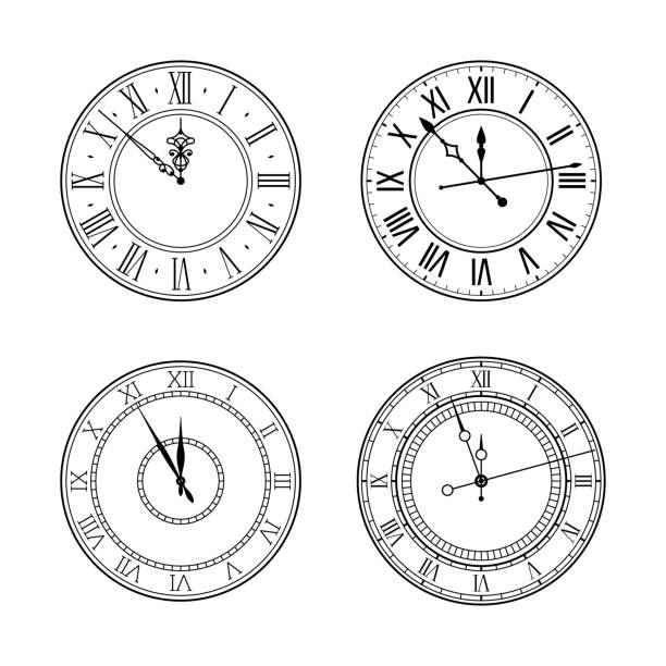 Retro vintage clock face set Old elegant black and white retro clock face set with roman numerals and ornate vintage hands. Vector illustration. midnight stock illustrations