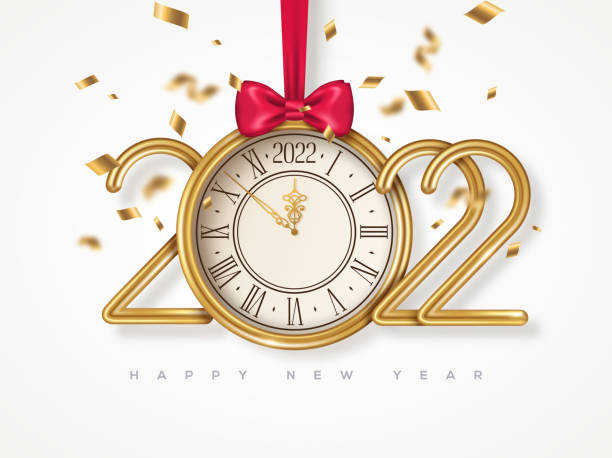 2022 New Year clock poster white Merry Christmas and Happy New Year poster with gold clock face, confetti and 2022 numbers. Vector illustration. Holiday invitation template, flyer, brochure or voucher. Party countdown old watch. clock borders stock illustrations
