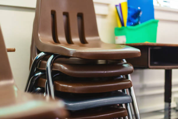 istock Stacked Student Chairs Objects as Parts of an Empty School Class Room Getting Ready For Back To School Photo Series 1335465563