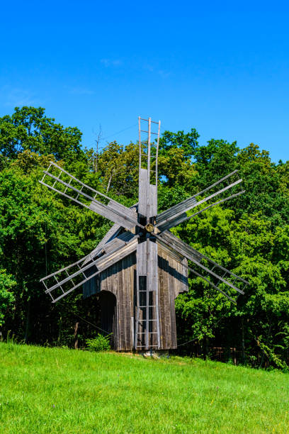 istock Old wooden wind mill in Pyrohiv, Ukraine 1335468099