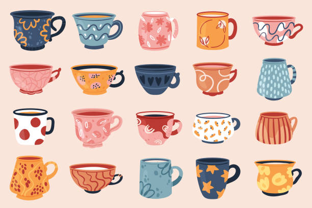 Tea coffee vintage cup set, vintage teacup collection for english afternoon tea ceremony Tea coffee vintage cup set vector illustration. Cartoon vintage teacup collection for english afternoon tea ceremony party or breakfast, retro flower, leaf, stripes hand drawn pattern on cup and mug mug stock illustrations