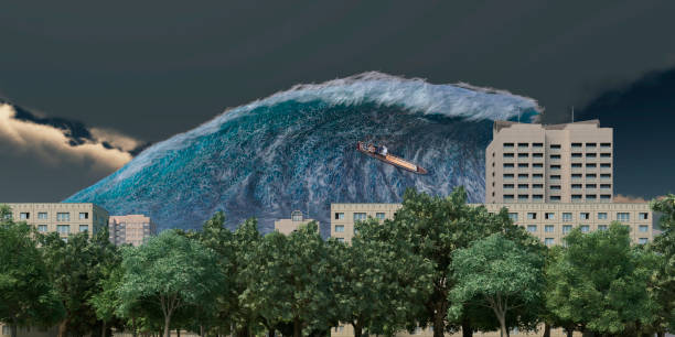 istock Tsunami wave apocalyptic water view urban flood Storm. 3D illustration 1335468807