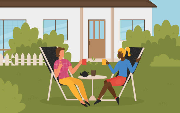 People friends relax on summer picnic, women sitting on sun loungers in backyard People friends neighbors relaxing on summer picnic vector illustration. Cartoon woman characters sitting on sun loungers in backyard, drinking tea during weekend vacation, leisure activity background person sitting on fence stock illustrations