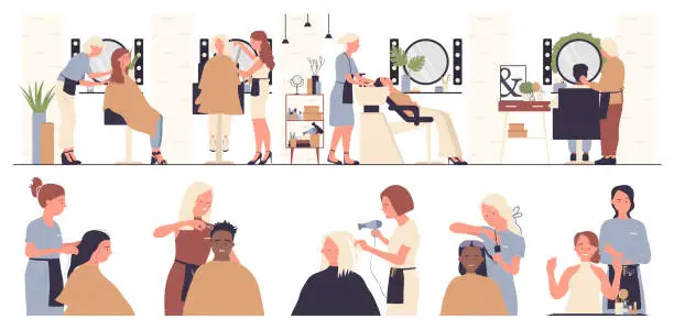 Vector illustration of Hairdresser working with people client in beauty salon, making haircut, hairdressing