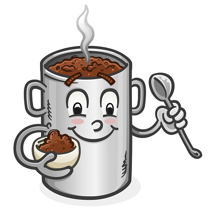 A big, hot pot of delicious chili cartoon character with a happy smile holding a heaping bowl of chili and eating it with a spoon