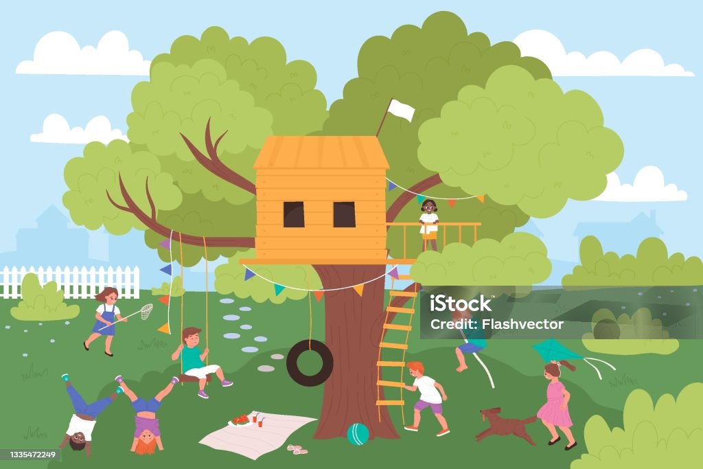 Happy Children Play On Treehouse Playground In Summer Nature Park Vector  Illustration Cartoon Group Of Girl Boy Child Characters Have Fun Climb On  Tree House Kids Playing Together Background Stock Illustration -