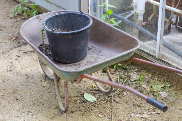 istock Old gray garden wheel barrow in a summer park 1335473723