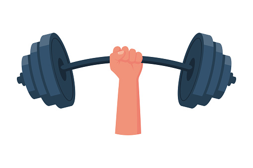 Strong concept. Barbell in hands icon. Hand of man holding a dumbbell. Vector illustration flat design. Weight lifting, train hard concept. Sports fitness life style.