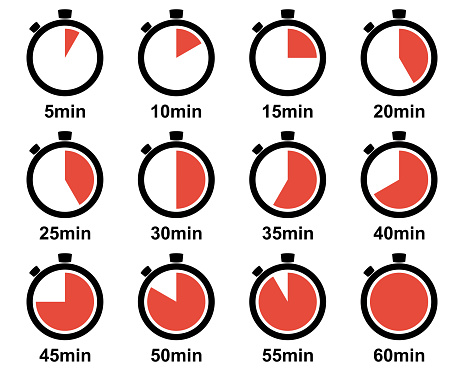 Timer set color silhouette icons. Stopwatch 5, 10, 15, 20, 25, 30, 35, 40, 45, 50, 55, 60 minutes. Time clock icon collection. Half and quarter of hour. Template chronometer.