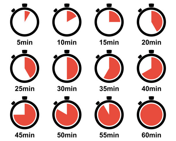 Timer set color silhouette icons. Stopwatch vector Timer set color silhouette icons. Stopwatch 5, 10, 15, 20, 25, 30, 35, 40, 45, 50, 55, 60 minutes. Time clock icon collection. Half and quarter of hour. Template chronometer. minute hand stock illustrations