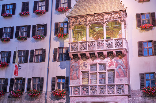 Night view of the Goldenes Dachl (Golden Roof), a landmark building in the Old Town. Innsbruck. Tyrol. Austria.