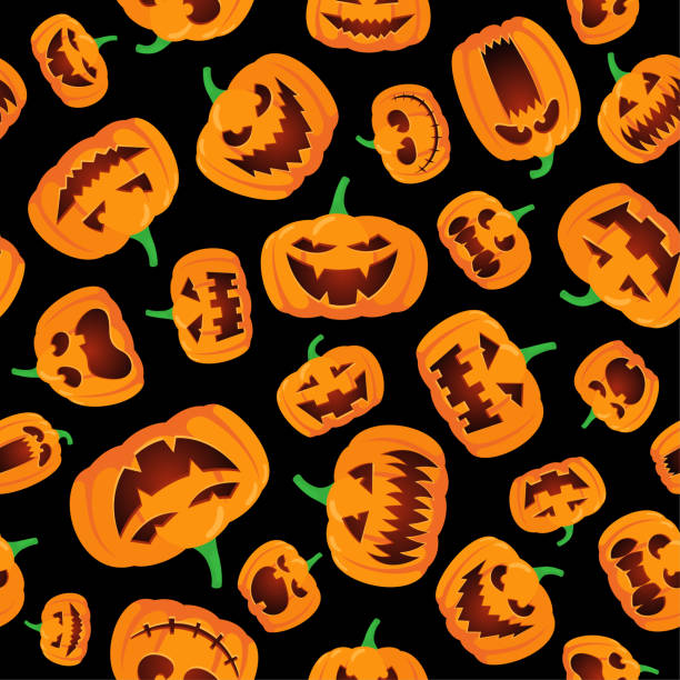 istock Seamless Halloween pattern with happy jack lantern orange carved glowing scary pumpkins on black background. Holiday vector celebration design illustration 1335474799