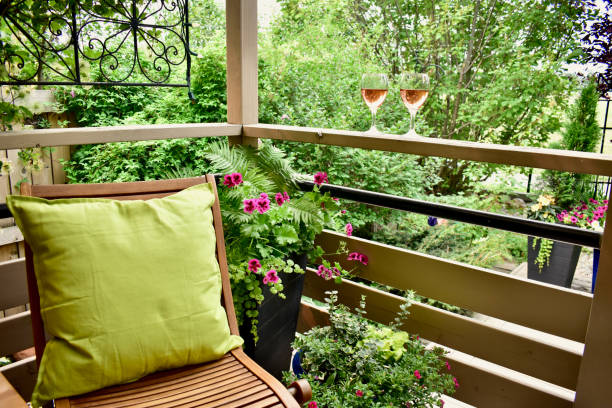 istock Outdoor oasis setting on secluded deck for relaxation on summer vacation rental, rustic luxury villa cabin with view 1335475505