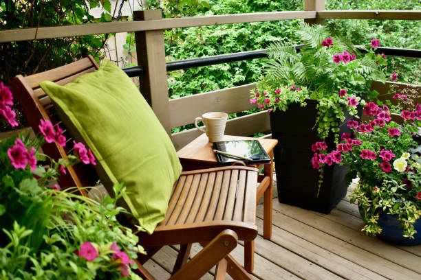 istock Relaxing seasonal backyard oasis for working from home, available with remote connectivity. 1335475630