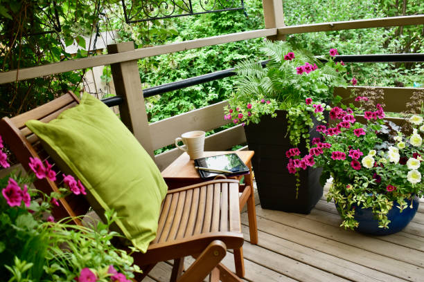 istock Relaxing seasonal backyard oasis for working from home, available with remote connectivity. 1335475631