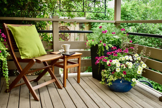 istock Relaxing seasonal backyard oasis for working from home, available with remote connectivity. 1335475632