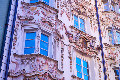 The facade of the Helbling House, a baroque style building in the old town. Innsbruck. Tyrol. Austria.