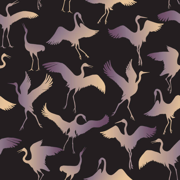 Vector seamless pattern of Dancing Japanese crane birds Vector seamless pattern of Dancing Japanese crane birds. Gold and purple hand drawn silhouette sketches on a black background japanese crane stock illustrations