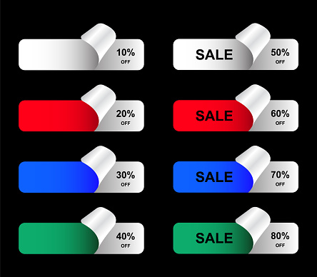 Vector Sale Stickers, Tags And Labels With Percentage Discount. White, Red, Blue And Green Stickers With Curled Corner