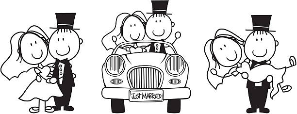 just married cartoon set of isolated cartoon couple scenes, driving a car, carrying the bride and bride and groom hugging,  ideal for funny wedding invitation wedding cartoon stock illustrations