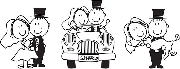 just married cartoon set of isolated cartoon couple scenes, driving a car, carrying the bride and bride and groom hugging, ideal for funny wedding invitation couple hugging drawing stock illustrations