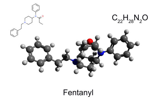 fórmula química, fórmula esquelética y modelo 3d de bola y palo de fentanilo opioide potente - fentanyl fotografías e imágenes de stock