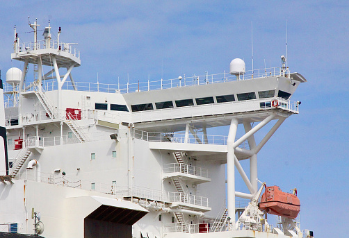 Close-up of the bridge portion of a large cargo ship