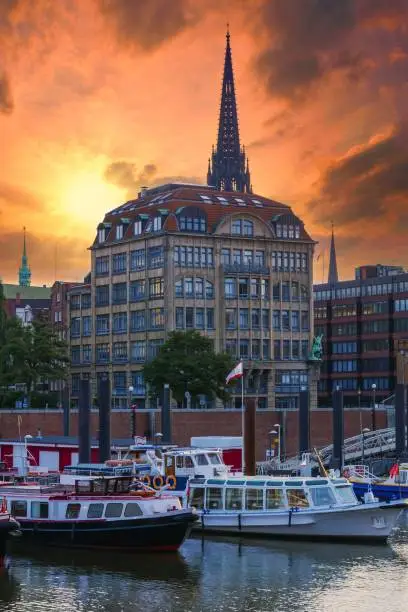 Late summer, townhouses, tour boats and cloudy sunset sky at the river bank.