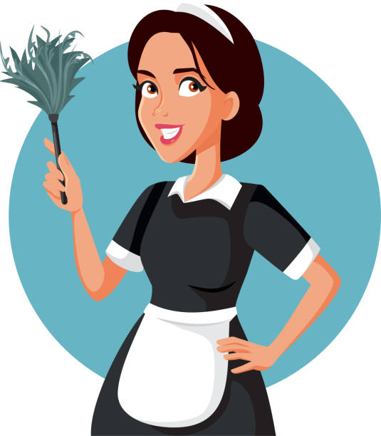 Hotel Maid with Feather Duster Vector Cartoon Illustration Young beautiful housekeeper wearing her uniform with apron at the job maid stock illustrations