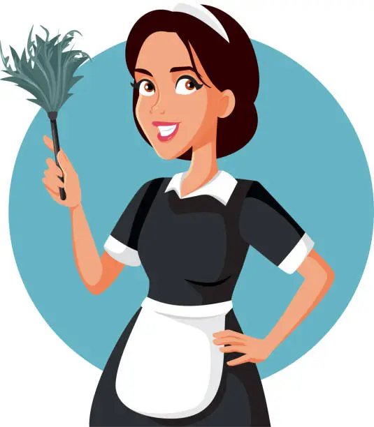 Vector illustration of Hotel Maid with Feather Duster Vector Cartoon Illustration