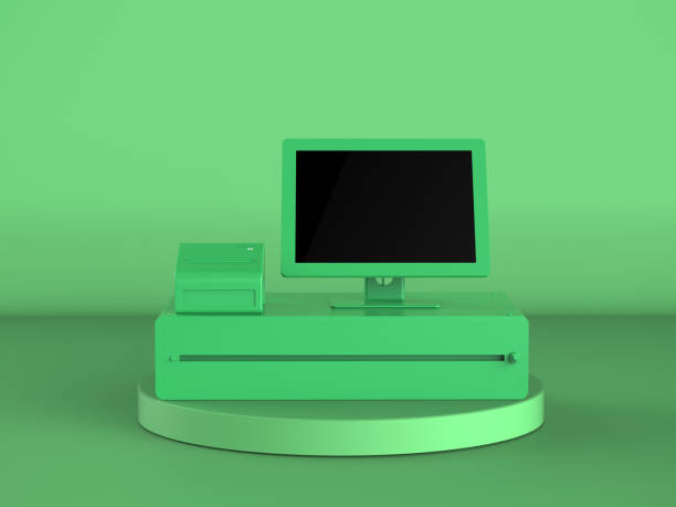 green cashier machineâ orâ cash register on green background - cash register coin cash box checkout counter imagens e fotografias de stock