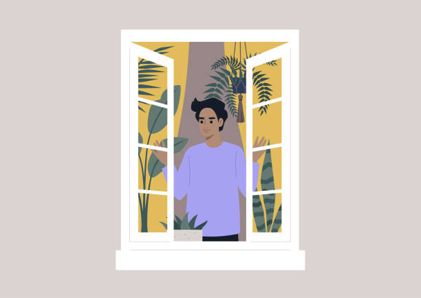 ilustraciones, imágenes clip art, dibujos animados e iconos de stock de un personaje masculino joven que abre la ventana, rituales matutidos, estilo de vida diario, plantas de la casa - wide awake