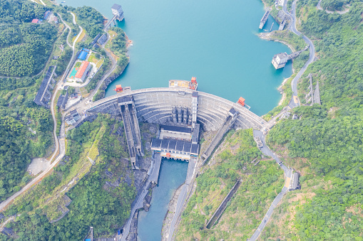 aerial view of small hydroelectric station, Dongjiang Lake landscape in Chenzhou City, Hunan Province, China.