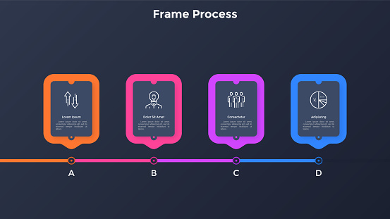 Process Chart With 4 Rectangular Frames Placed In Horizontal Row ...