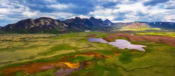 Photo of Aerial panorama of lakes and mountains in Thingvellir National Park, Iceland