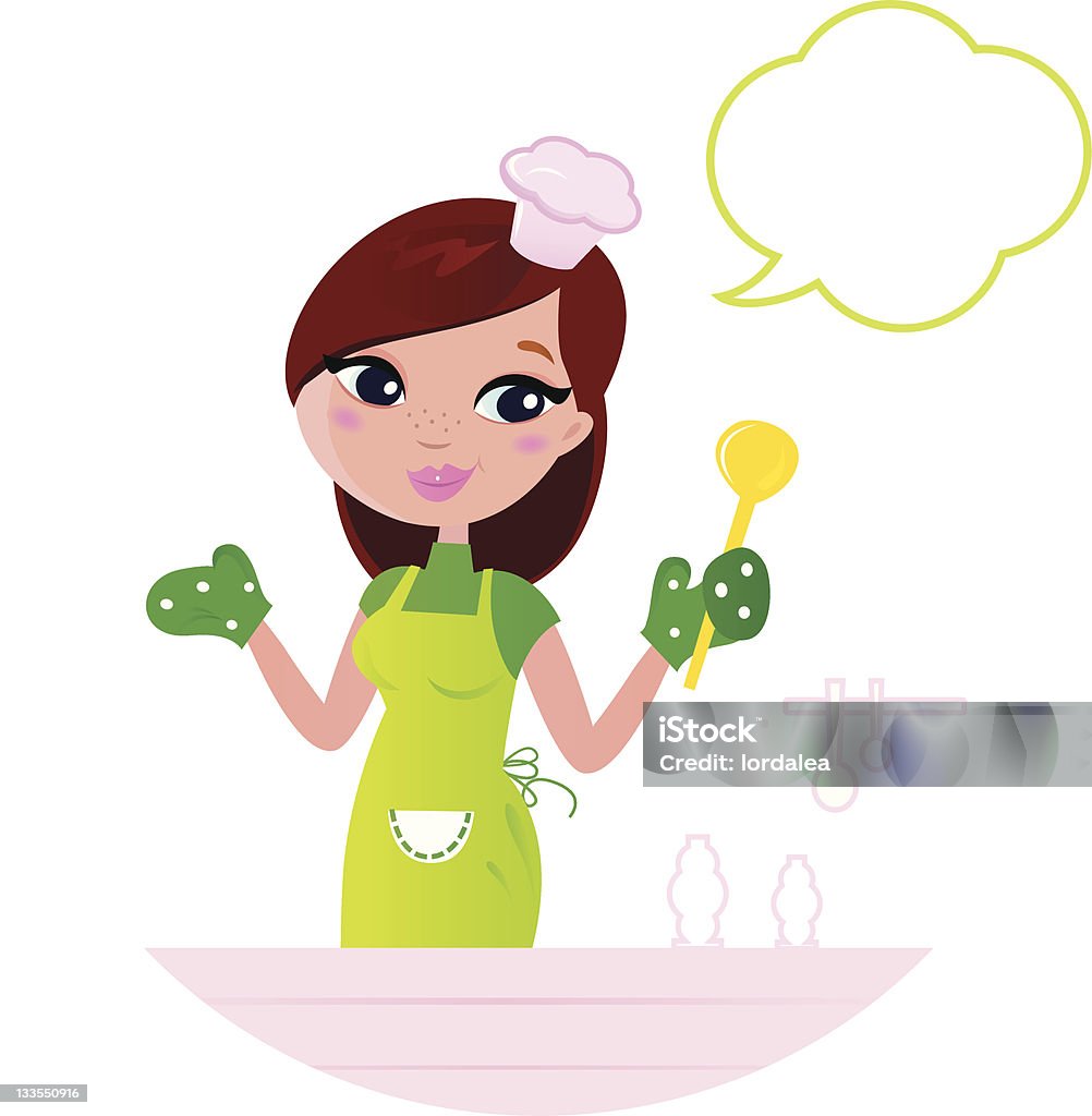 Young beautiful woman with speech bubble cooking in the kitchen Cooking Mother showing something about cooking. Vector cartoon illustration. Adult stock vector