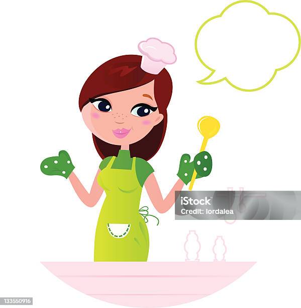 Young Beautiful Woman With Speech Bubble Cooking In The Kitchen Stock Illustration - Download Image Now