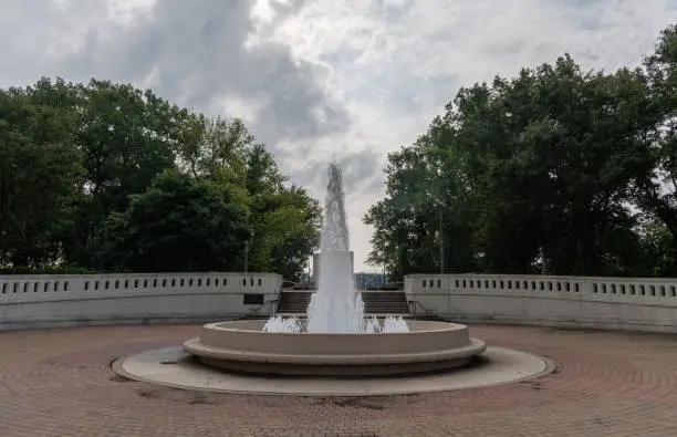 Fountain at the entrance to the John T. Myers pedestrian bridge over the Wabash river in Lafayette, Indiana